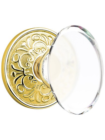 Lancaster Door Set With Hampton Crystal Knobs in Polished Brass.